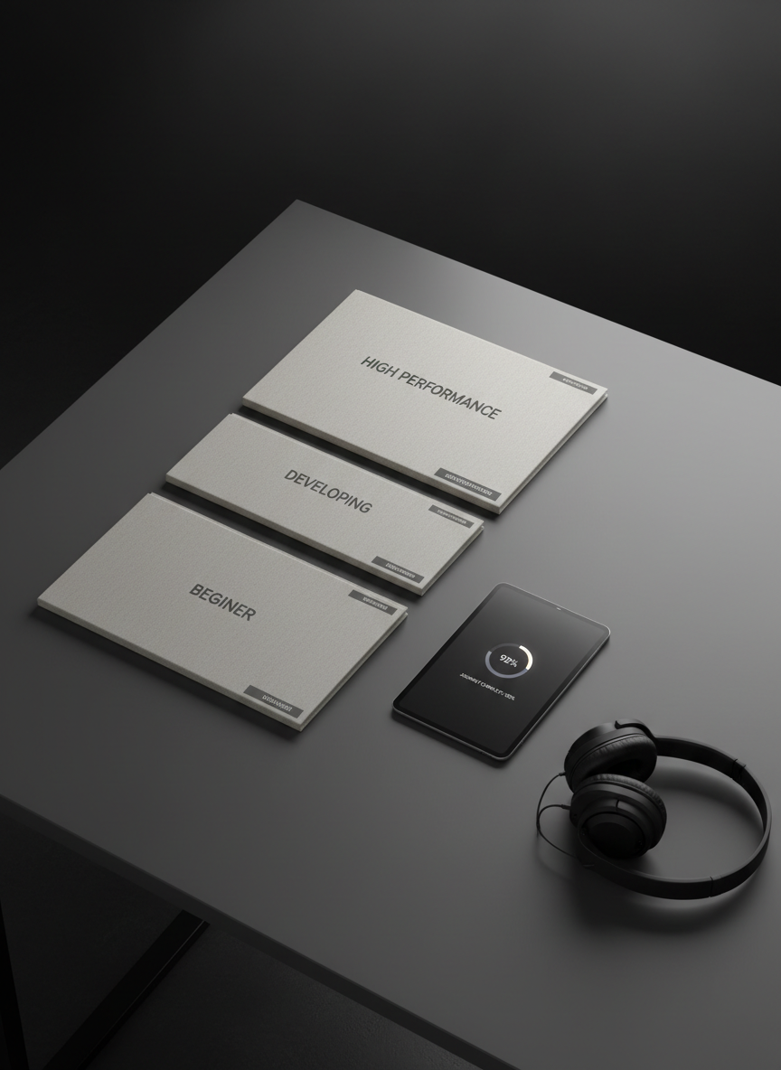 A meticulously organized desktop with three stacked folders labeled “Beginner,” “Developing,” and “High Performance” in crisp, minimalist typography, arranged in a diagonal line across a charcoal gray desk. Beside them, a slim tablet shows a progress bar near completion, and a pair of noise-cancelling headphones rest neatly folded. Soft, indirect studio lighting from above creates gentle gradients and a professional sheen on the surfaces, while the background fades into a smooth, out-of-focus dark backdrop. Captured from a slightly elevated angle with centered composition, in photographic realism, the mood is focused, aspirational, and disciplined, symbolizing structured career growth and personalized coaching journeys.