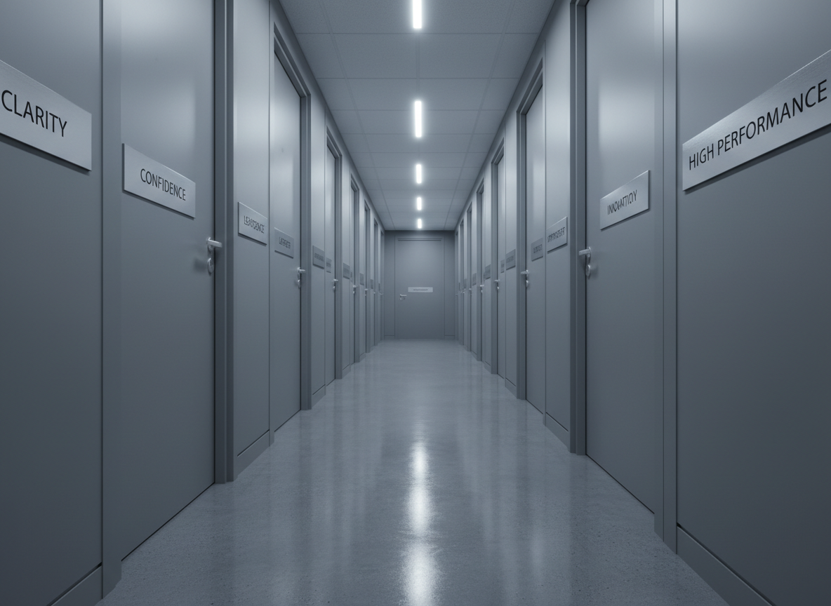 A long, minimalist hallway of office doors, each door featuring a sleek metallic plaque with words like “Clarity,” “Confidence,” “Leadership,” and “High Performance” engraved in understated capitals. The floor is smooth, reflective polished concrete, subtly mirroring the plaques. Cool, even overhead lighting creates a gradation of light that gently diminishes into the distance, adding depth and perspective. Captured from a low, centered angle with strong leading lines, in photographic realism, the mood is aspirational and forward-moving, suggesting a guided journey through stages of career development, from entry-level uncertainty toward refined, peak performance outcomes.