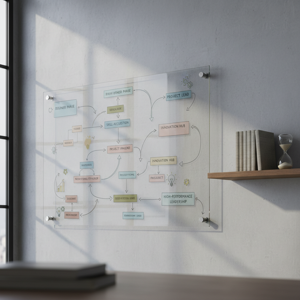 A large, clear glass whiteboard filled with neatly drawn career roadmaps, arrows, and milestone markers in different muted colors, mounted on a smooth concrete wall in a modern office. On a nearby floating shelf sit carefully arranged reference books and a single sand timer, its fine grains halfway through. Cool, diffused afternoon light from a high window washes the scene, creating soft reflections in the glass and subtle texture on the concrete. Shot from a three-quarter angle with moderate depth of field, the composition highlights the whiteboard as the central focus. Photographic realism with a clean, contemporary aesthetic, conveying structure, direction, and methodical progression from beginner to high-performance.
