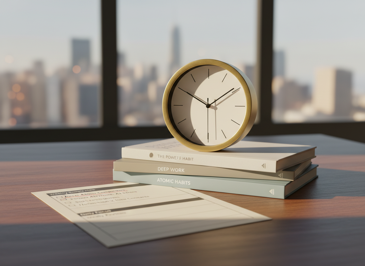 A modern, analog brass desk clock with a clean white face and precise black markings, placed atop a stack of professional development books with subtle, neutral-colored spines, on a walnut desk. A printed, neatly arranged weekly growth plan lies partially underneath, with highlighted key objectives and checkboxes. Warm, late-afternoon sunlight streams in from the right, creating elongated, soft shadows and a gentle golden rim around the clock’s polished edges. The background shows a blurred hint of a city skyline through a large window. Photographic realism, rule-of-thirds composition with the clock as focal point, evoking a calm yet urgent atmosphere that emphasizes timing, consistency, and intentional career progression.