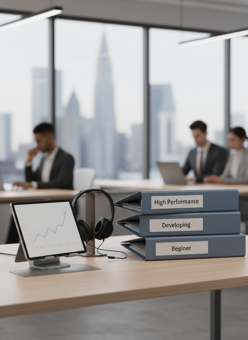 Portrait image: modern desk with three neatly stacked folders labeled Beginner, Developing, High Performance, with a tablet and headphones nearby in a professional office setting, symbolizing structured career growth levels.