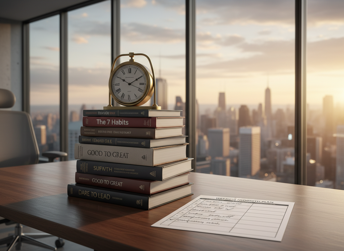 Landscape image: elegant brass desk clock on a stack of leadership books beside a printed weekly growth plan in a modern office with city view, symbolizing time, consistency, and deliberate career progress.