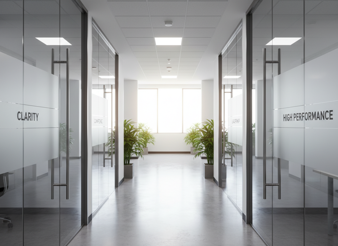 Landscape image: modern corridor of glass office doors, each with subtle plaques for clarity, confidence, leadership, and high performance, shot with strong leading lines in a bright, aspirational corporate setting.