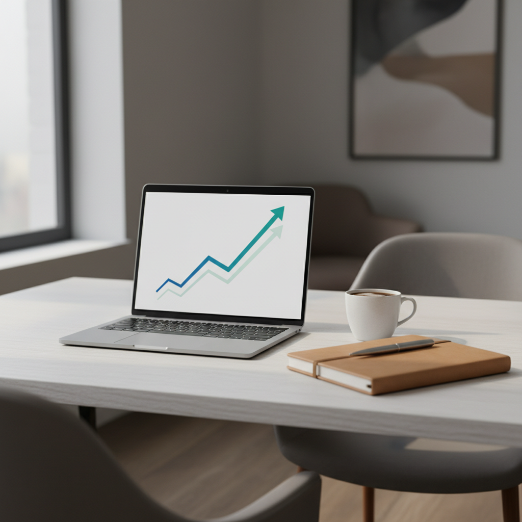 Square image of a modern, minimalist office desk scene symbolizing career growth and strategy. A laptop displaying a clean upward-trending performance graph, a leather notebook with a pen, a cup of coffee, and soft natural window light. Neutral tones, professional corporate aesthetic, shallow depth of field, inspiring and focused mood. No whiteboard.