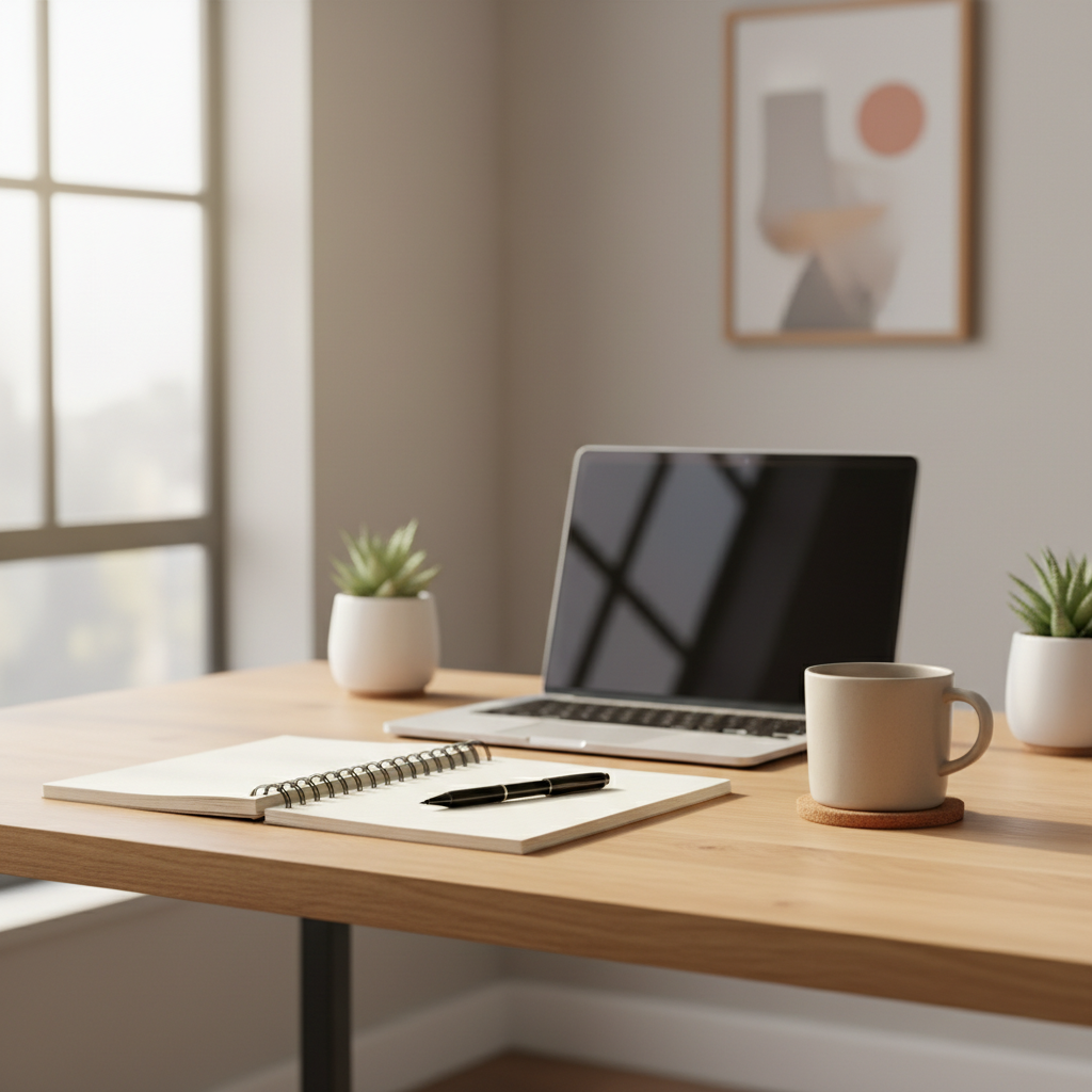 A sleek, professional, photo-style image representing career coaching and workshops without any people: a modern, warm-toned office setting with a clean desktop, notebook, pen, and coffee mug; soft natural light, shallow depth of field, and a minimalist, neutral color palette that matches the site's existing imagery.