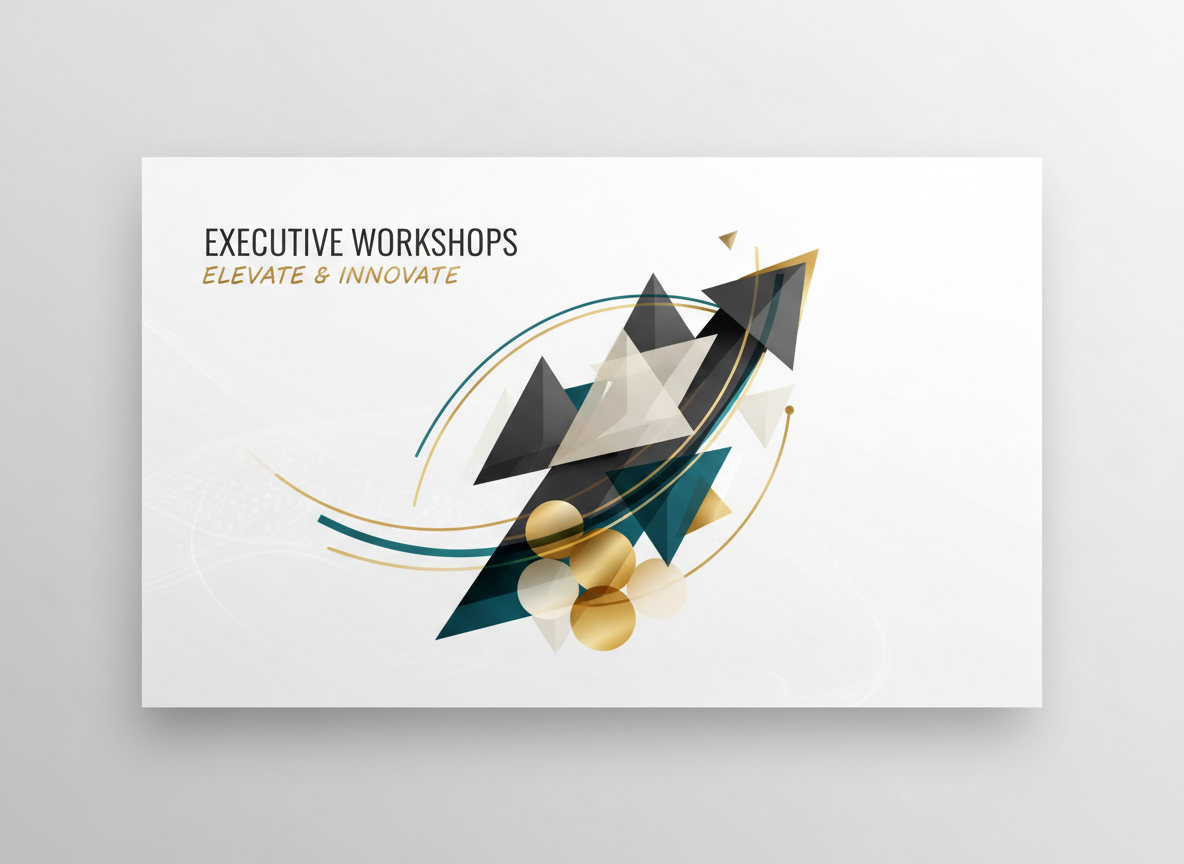 Abstract, high-end illustration for an Executive Workshops card: dynamic geometric shapes and flowing lines suggesting leadership, collaboration, and upward momentum, using subtle teal and gold accents on a clean light background, no literal people or boardroom, sophisticated corporate style